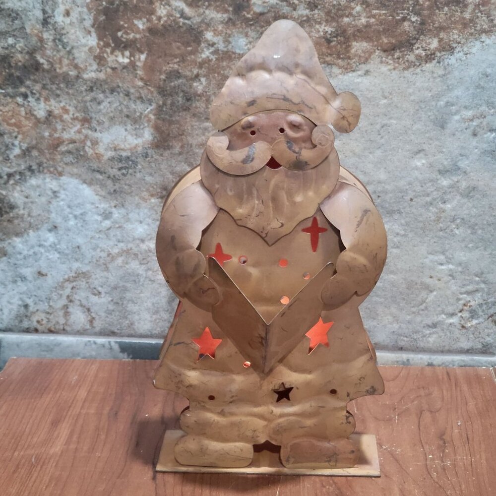 Christmas Rustic Santa Cutout Ceramic Candle Tealight Holder Brown